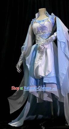 Traditional Chinese Cosplay Costumes Ancient Princess Embroidered Blue Hanfu Dress for Women