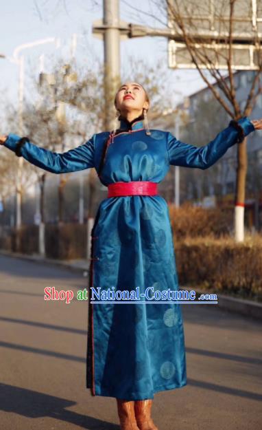 Chinese Traditional Mongol Ethnic Female Costume Mongolian Minority Nationality Blue Robe for Women