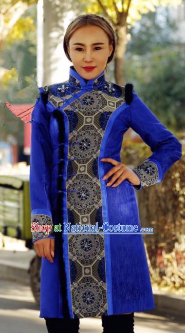 Chinese Traditional Mongol Ethnic Female Costume Mongolian Minority Nationality Royalblue Dress for Women