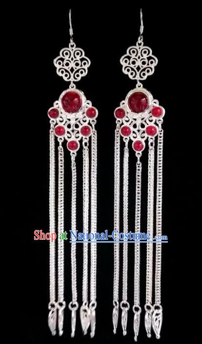 Chinese Ethnic Jewelry Accessories Mongolian Minority Nationality Long Red Earrings for Women