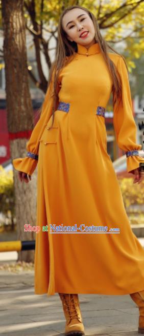 Chinese Traditional Mongol Minority Ethnic Costume Yellow Mongolian Robe for Women