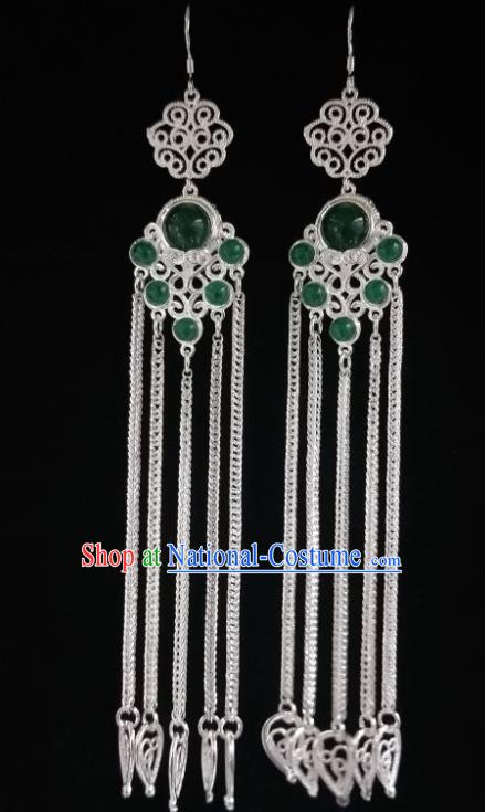 Chinese Ethnic Jewelry Accessories Mongolian Minority Nationality Long Green Earrings for Women