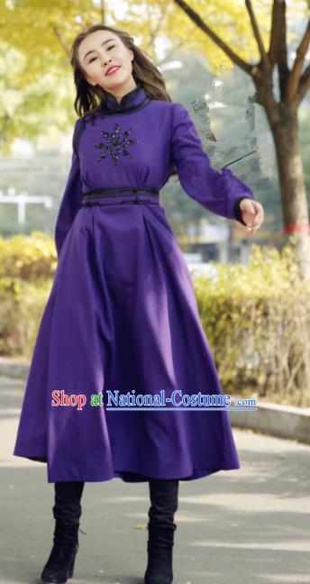 Chinese Traditional Mongol Minority Ethnic Costume Purple Wool Mongolian Robe for Women