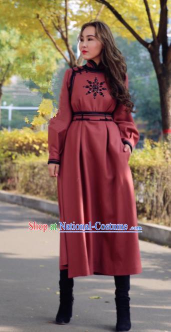 Chinese Traditional Mongol Minority Ethnic Costume Brownish Red Wool Mongolian Robe for Women