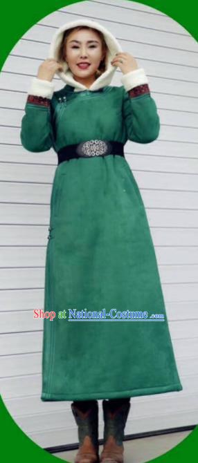 Chinese Traditional Mongol Minority Ethnic Costume Green Suede Fabric Mongolian Dust Coat for Women