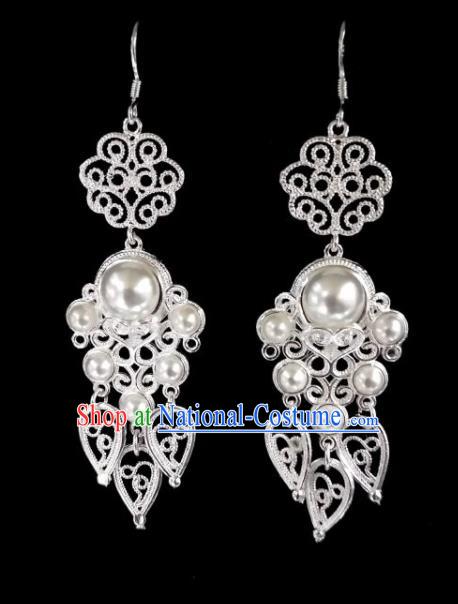 Chinese Ethnic Jewelry Accessories Mongolian Minority Nationality White Beads Earrings for Women