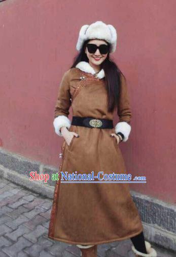 Chinese Traditional Mongol Minority Ethnic Costume Brown Suede Fabric Mongolian Dust Coat for Women