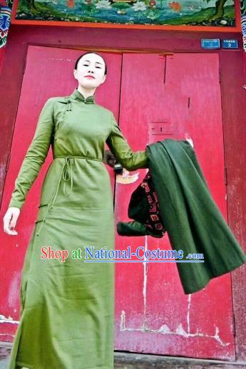 Chinese Traditional Mongol Minority Ethnic Costume Mongolian Green Dress for Women