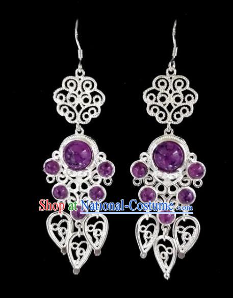 Chinese Ethnic Jewelry Accessories Mongolian Minority Nationality Purple Beads Earrings for Women