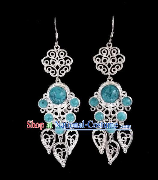 Chinese Ethnic Jewelry Accessories Mongolian Minority Nationality Blue Beads Earrings for Women