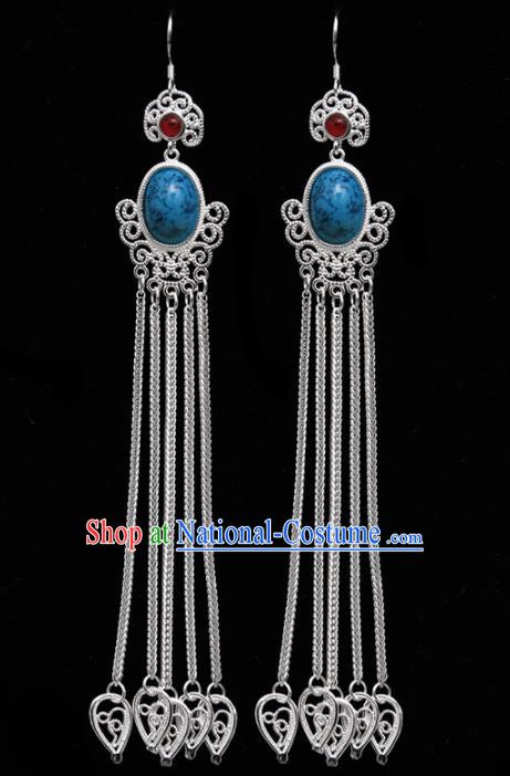 Chinese Ethnic Jewelry Accessories Mongolian Minority Long Tassel Blue Earrings for Women