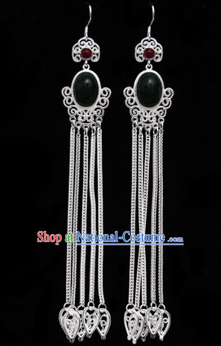 Chinese Ethnic Jewelry Accessories Mongolian Minority Long Tassel Black Earrings for Women