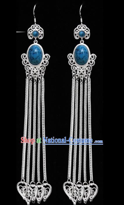 Chinese Ethnic Jewelry Accessories Mongolian Minority Long Tassel Sliver Earrings for Women