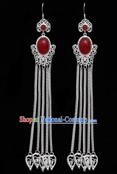 Chinese Ethnic Jewelry Accessories Mongolian Minority Long Tassel Red Earrings for Women