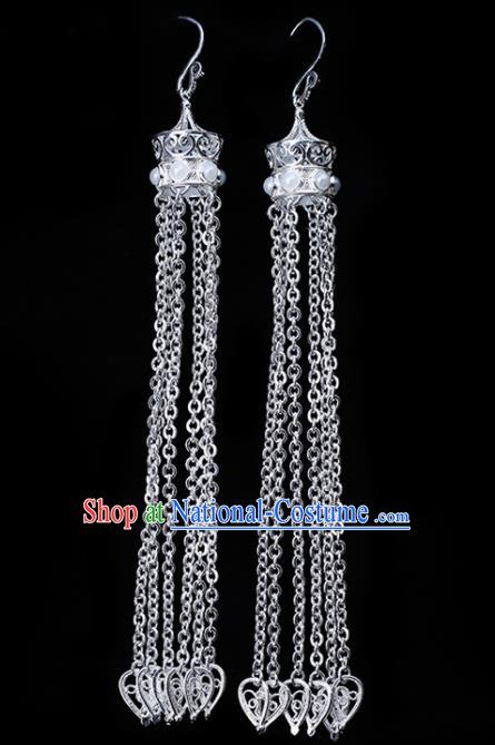 Chinese Ethnic Jewelry Accessories Mongolian Minority Sliver Long Tassel Earrings for Women