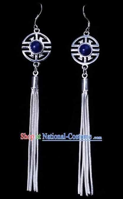 Chinese Traditional Ethnic Jewelry Accessories Eardrop Mongolian Blue Beads Earrings for Women