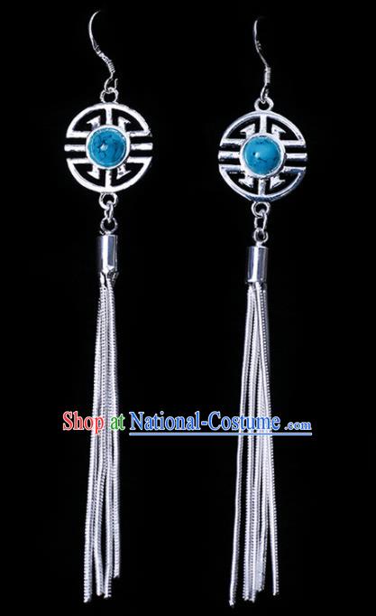 Chinese Traditional Ethnic Jewelry Accessories Eardrop Mongolian Sky Blue Beads Earrings for Women