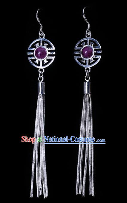 Chinese Traditional Ethnic Jewelry Accessories Eardrop Mongolian Purple Beads Earrings for Women