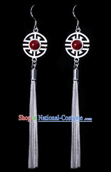 Chinese Traditional Ethnic Jewelry Accessories Eardrop Mongolian Red Beads Earrings for Women