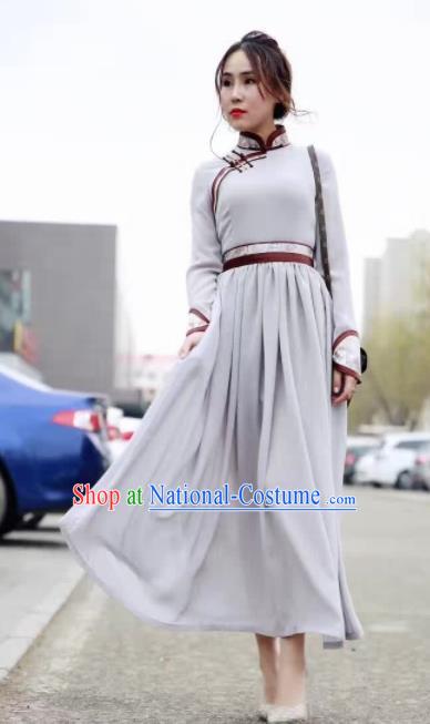 Chinese Mongol Minority Ethnic Costume Traditional Mongolian Grey Dress for Women