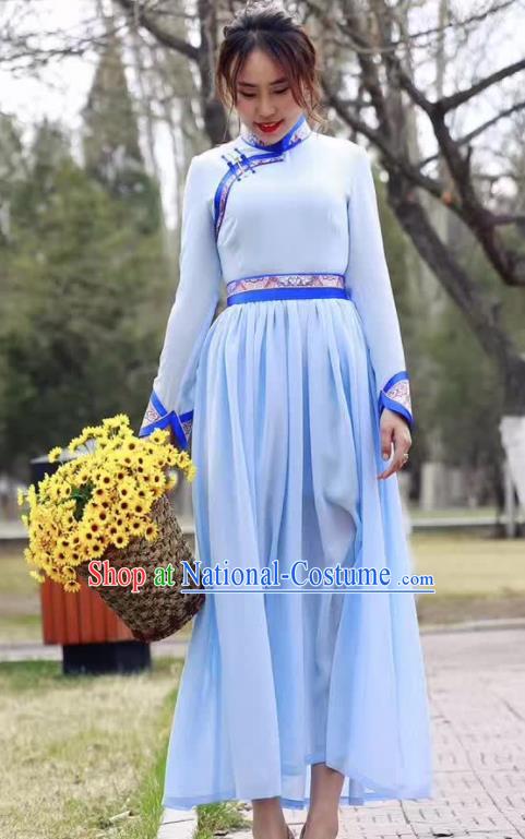 Chinese Mongol Minority Ethnic Costume Traditional Mongolian Blue Dress for Women