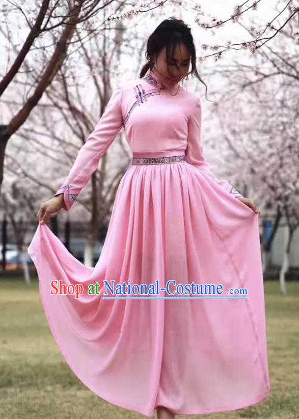 Chinese Mongol Minority Ethnic Costume Traditional Mongolian Pink Dress for Women