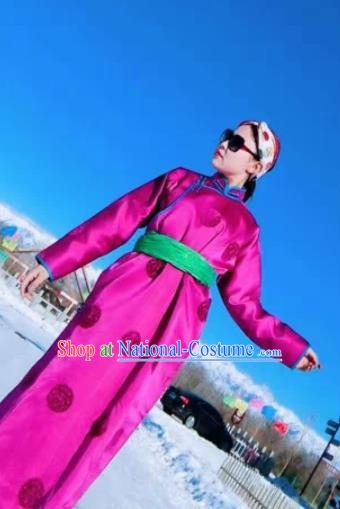 Chinese Mongol Minority Ethnic Costume Traditional Rosy Silk Mongolian Robe for Women