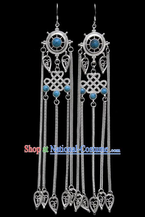 Chinese Traditional Ethnic Jewelry Accessories Mongolian Blue Gems Earrings for Women