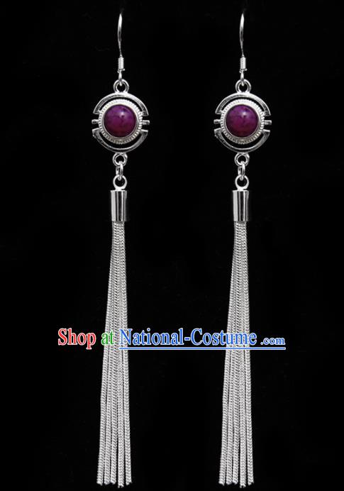 Chinese Traditional Ethnic Tassel Eardrop Jewelry Accessories Mongolian Purple Earrings for Women