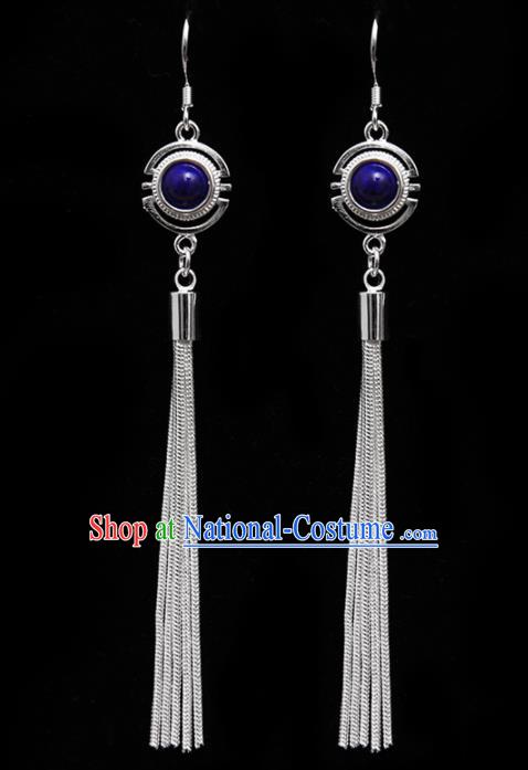 Chinese Traditional Ethnic Tassel Eardrop Jewelry Accessories Mongolian Royalblue Earrings for Women