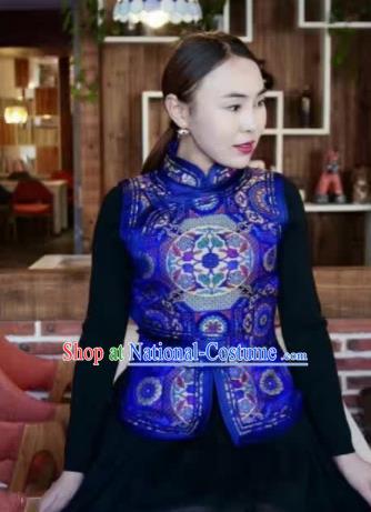 Chinese Mongol Minority Ethnic Costume Traditional Royalblue Brocade Mongolian Vest for Women