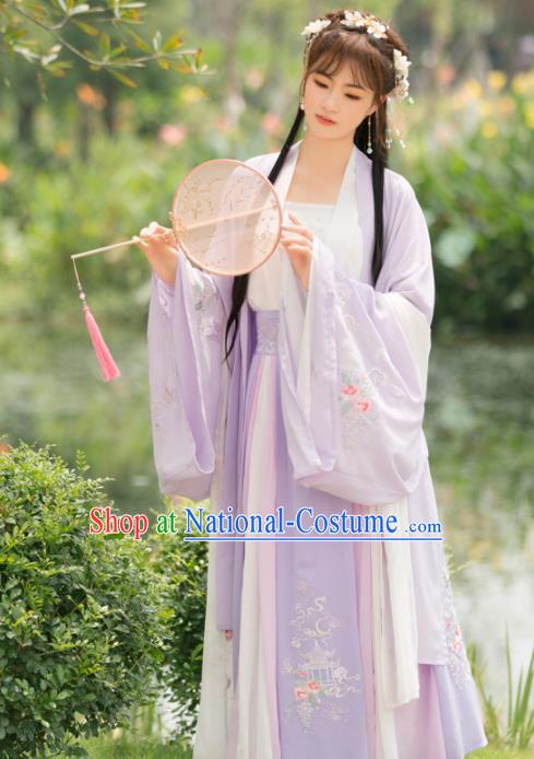 Traditional Chinese Tang Dynasty Palace Princess Embroidered Costumes Ancient Peri Purple Hanfu Dress for Rich Women