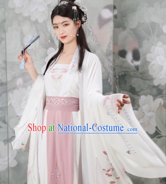 Traditional Chinese Tang Dynasty Nobility Lady Embroidered Costumes Ancient Peri Goddess White Hanfu Dress for Rich Women