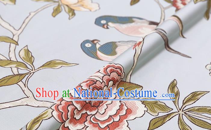 Asian Chinese Blue Brocade Fabric Traditional Flowers Birds Pattern Design Satin Cushion Silk Fabric Material