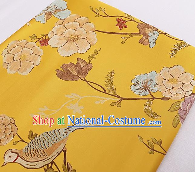 Asian Chinese Yellow Brocade Fabric Traditional Flowers Birds Pattern Design Satin Cushion Silk Fabric Material