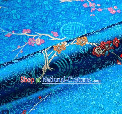 Asian Chinese Blue Brocade Fabric Traditional Plum Blossom Pattern Design Satin Tang Suit Silk Fabric Material