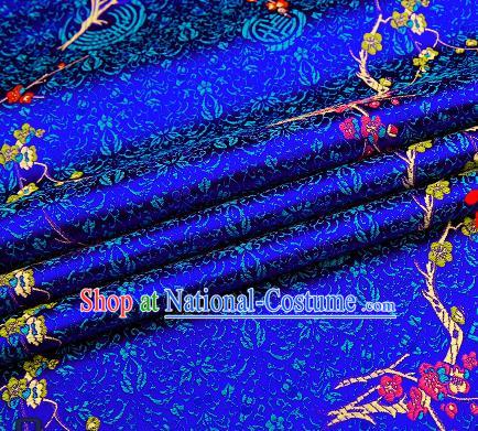 Asian Chinese Royalblue Brocade Fabric Traditional Plum Blossom Pattern Design Satin Tang Suit Silk Fabric Material