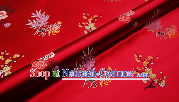 Asian Chinese Red Brocade Fabric Traditional Plum Blossom Orchid Bamboo Chrysanthemum Pattern Design Satin Pillow Silk Fabric Material