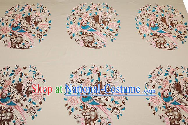 Chinese Traditional Beige Brocade Fabric Asian Birds Peony Pattern Design Satin Cushion Silk Fabric Material