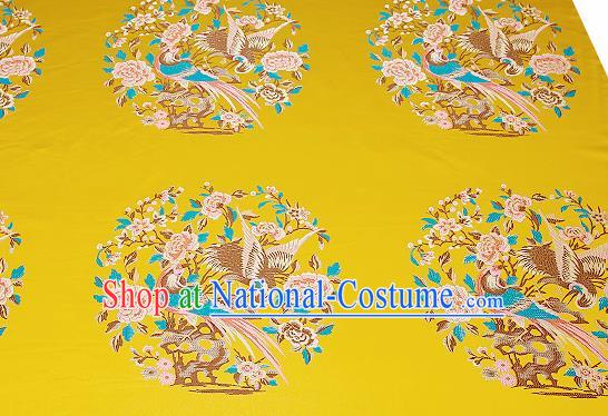 Chinese Traditional Yellow Brocade Fabric Asian Birds Peony Pattern Design Satin Cushion Silk Fabric Material