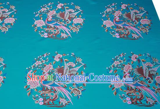 Chinese Traditional Blue Brocade Fabric Asian Birds Peony Pattern Design Satin Cushion Silk Fabric Material