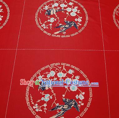 Chinese Traditional Red Brocade Fabric Asian Embroidery Plum Blossom Birds Pattern Design Satin Cushion Silk Fabric Material