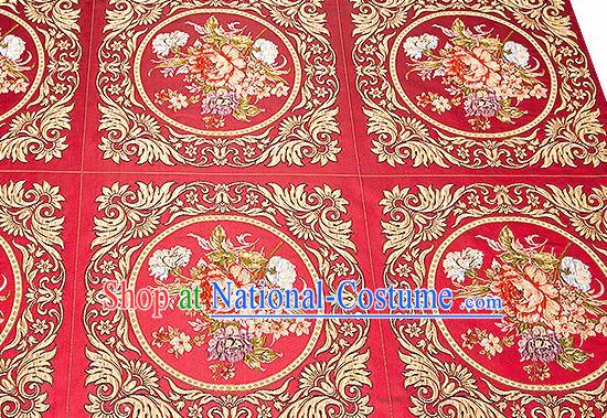 Chinese Traditional Red Brocade Fabric Asian Embroidery Peony Pattern Design Satin Cushion Silk Fabric Material