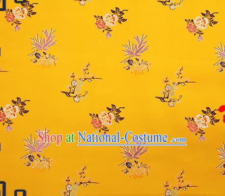 Chinese Traditional Yellow Brocade Fabric Classical Plum Blossom Orchid Bamboo Chrysanthemum Pattern Design Satin Tang Suit Silk Fabric Material