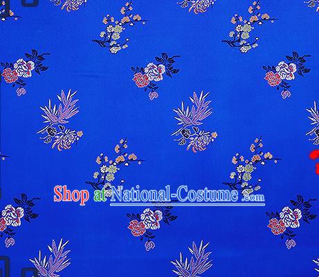 Chinese Traditional Royalblue Brocade Fabric Classical Plum Blossom Orchid Bamboo Chrysanthemum Pattern Design Satin Tang Suit Silk Fabric Material