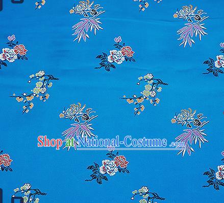 Chinese Traditional Blue Brocade Fabric Classical Plum Blossom Orchid Bamboo Chrysanthemum Pattern Design Satin Tang Suit Silk Fabric Material