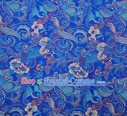 Traditional Chinese Blue Brocade Drapery Classical Butterfly Peony Pattern Design Satin Cheongsam Silk Fabric Material