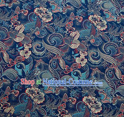 Traditional Chinese Navy Brocade Drapery Classical Butterfly Peony Pattern Design Satin Cheongsam Silk Fabric Material