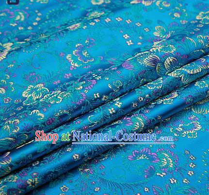 Chinese Traditional Lake Blue Brocade Drapery Classical Peony Pattern Design Satin Tang Suit Qipao Silk Fabric Material