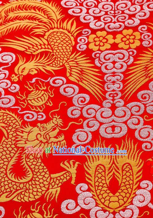 Asian Chinese Traditional Fabric Red Brocade Silk Material Classical Dragon Phoenix Pattern Design Satin Drapery